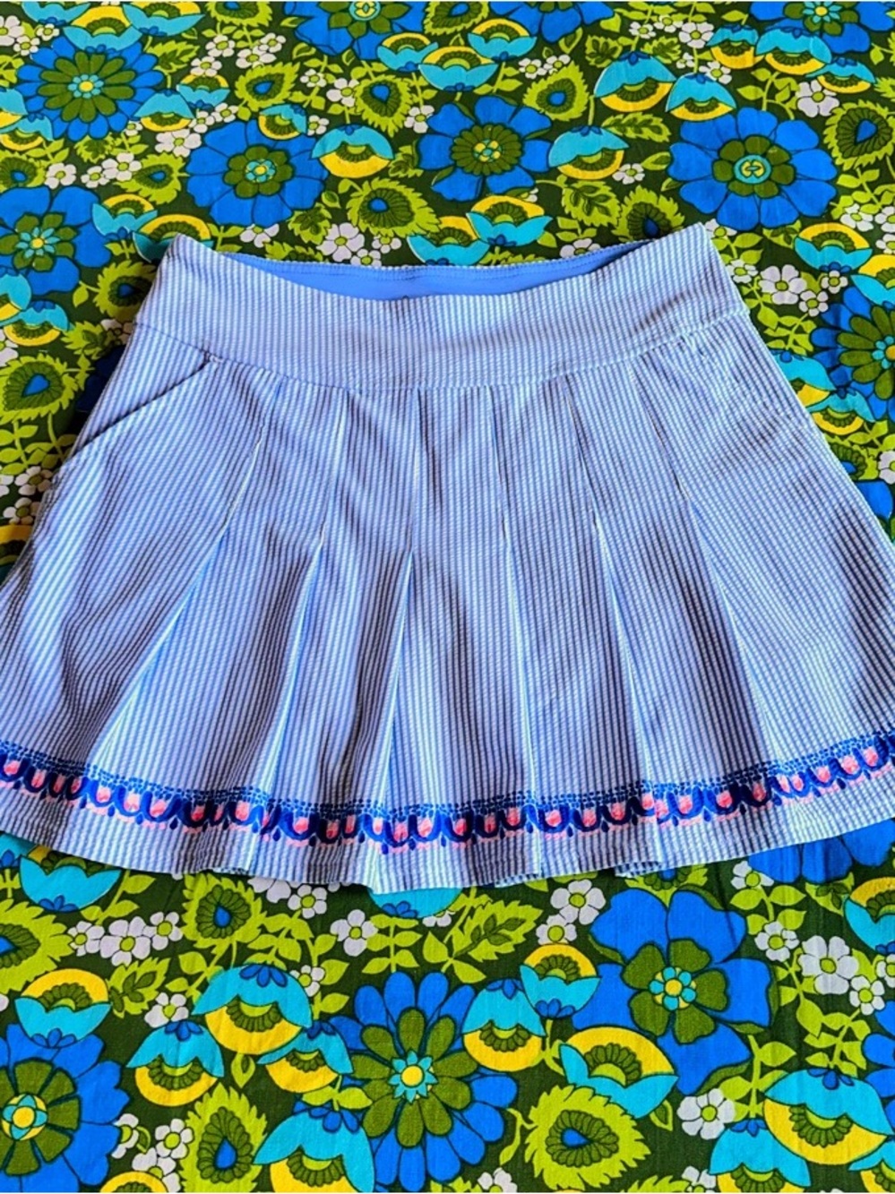 Lilly Pulitzer Light Blue Striped Pleated Mini Skirt with Embroidered Hem tennis